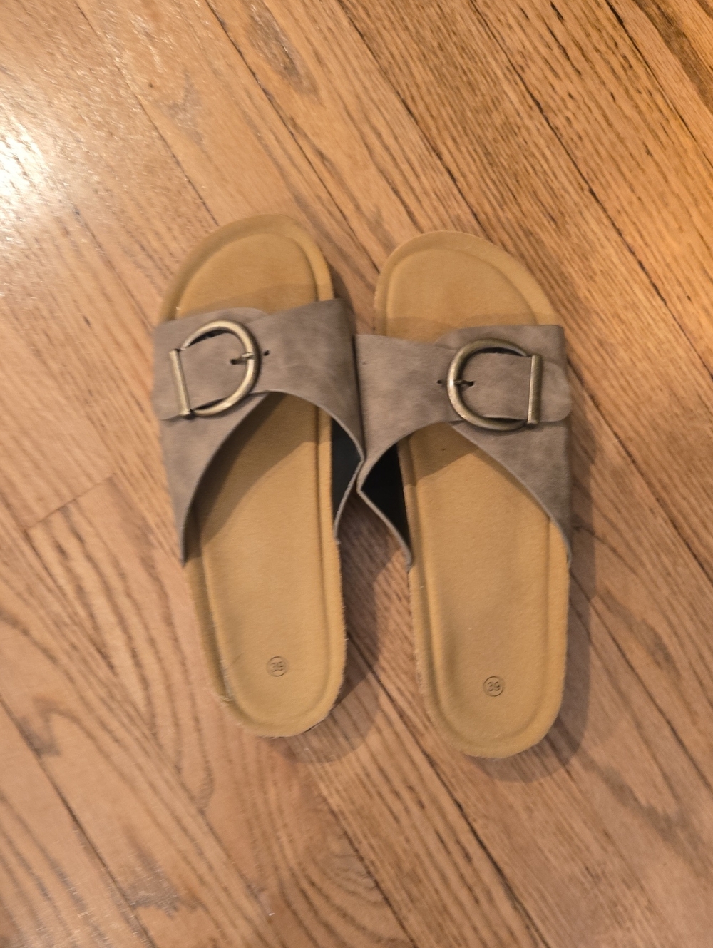 Comfort Slide Sandals with Decorative Buckle in Taupe